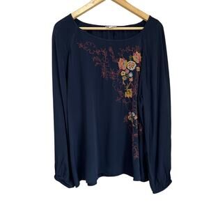 J.Jill Embroidered Floral Blouse L Petite Navy Long Sleeve Boho Artsy Top